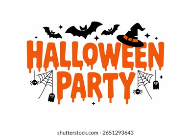 Halloween party banner, spooky bat and witch hat, spider web illustration, festive October celebration, Halloween invitation, party sign