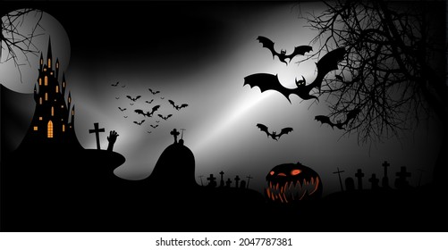 Halloween party banner, spooky dark background, silhouettes of characters and scary bats with gothic haunted castle, horror theme concept, scary pumpkin and dark graveyard, vector templates