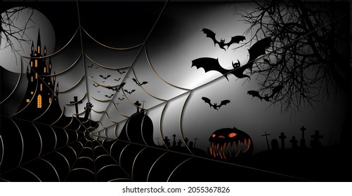 Halloween party banner, spooky dark background, silhouettes of characters and scary bats with gothic haunted castle, horror theme concept, gold cobweb and dark graveyard, vector templates