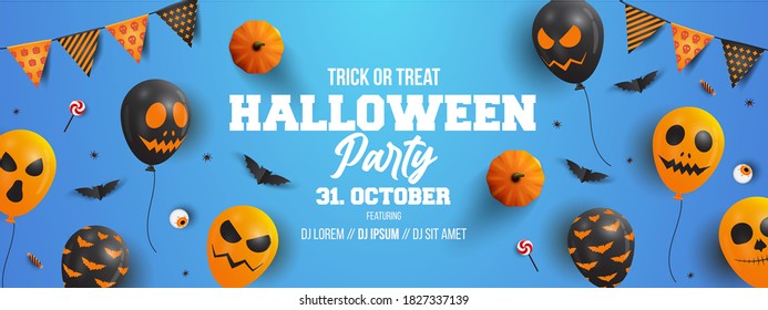 Halloween Party Banner template with balloons and place for text. Can be used as party invitation or web banner. Vector Illustration