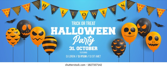 Halloween Party Banner template with balloons and place for text. Can be used as party invitation or web banner. Vector Illustration