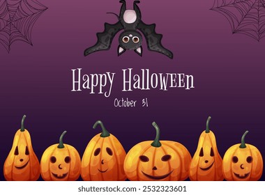 Halloween party banner template with bat, pumpkins and spiderweb