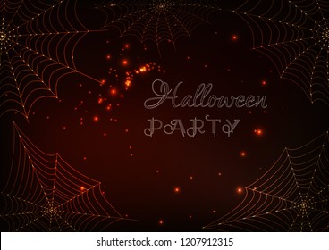 Halloween party banner template with golden glowing spider webs and text on dark brown background. Futuristic design vector illustration.