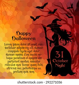 Halloween party banner template with witch and sample text. Holiday invitation card with fairytale scene. 