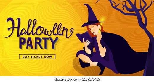 Halloween party banner template with young witch and lettering. Vector Illustration. Trick or Treat Concept.