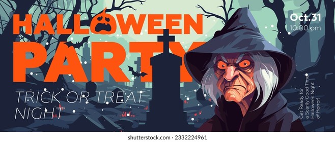 Halloween party banner with witch on tombstones backdrop. Horizontal poster evil sorceress in moonlit cemetery. Art cover spooky old hag. Holiday night promo artwork flyer. Trendy typography eps print