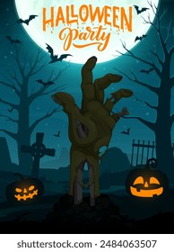 Halloween party banner with zombie hand on cemetery for holiday, cartoon vector. Halloween trick or treat party or horror night poster with scary pumpkin lanterns and tombstones and moon on cemetery