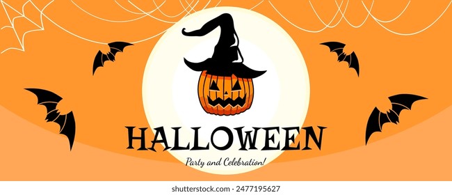 Halloween party banner,invitation, vector greeting, costume party and celebration announce with Jack o Lantern in the witch hat, bats around and a spider web.