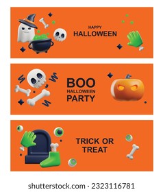 Halloween party banners or flyers set with cute 3d elements, vector illustration. Happy halloween greeting cards. Spooky pumpkin and ghost, cauldron with potion, skull and bones.