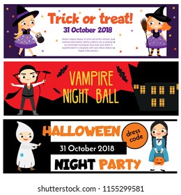 Halloween party banners. Invitations, advertisements with happy children having fun. Design templates for tickets, invitations, advertisements