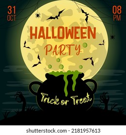 Halloween party banners, with potion cauldron, graveyard, zombie hands, scary bats, full moon. Flyer or template for invitation, brochure, poster or banner. EPS10 vector illustration.