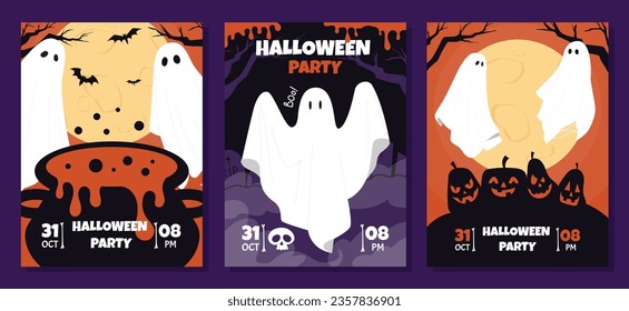 Halloween party banners set. Holiday of fear and horror. Ghosts with potion calduron and bats. Scary pumpkins silhouettes. Cartoon flat vector collection isolated on black background