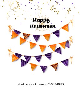 Halloween party banting. Halloween flags and confetti. Vector illustration.