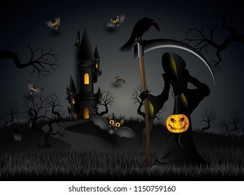 Halloween party bats flying in the night, full moon and Castle Haunted grim reaper with graveyard,eps10.