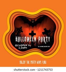 Halloween Party with Bats on Grunge Cemetery / Zombie Party with Halloween.