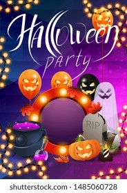 Halloween party, beautiful modern poster layout ready to print with Ghost, Jack pumpkin, balloons,tombstone, garland, witch's cauldron and potion.