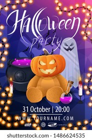 Halloween party, beautiful modern poster layout ready to print with witch's pot, pumpkin Jack, ghosts and Teddy bear with Jack pumpkin head