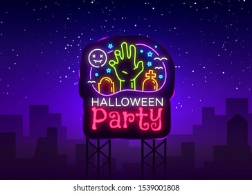 Halloween Party Billboard design template vector. Halloween greeting card, Light banner, neon style, night bright advertising. Zombie hand. Vector illustration