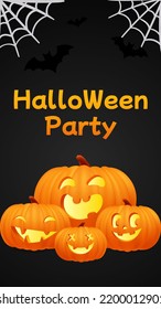 Halloween Party Black Banner, Template Or Invitation Background With Jack O Lantern Face Cute Pumpkins, Spiderweb, Gossamer And Bats. 3d Vector Illustration Realistic Pumpkin. 