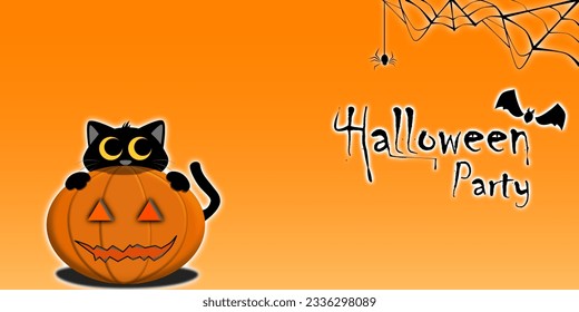 Halloween Party. Black cat, Bat, pumpkin, and spider web. Halloween background concept vector. fun party celebration orange background design.