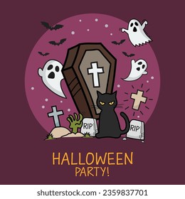 Halloween party Black cat in graveyard. Doodle Hand drawn. Vector illustration