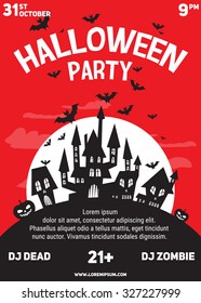 Halloween party black red white flyer template with castles, bats, pumpkins