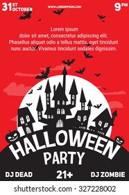 Halloween party black red white flyer template with castles, bats, pumpkins