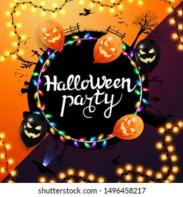 Halloween party, black round invitation poster with silhouette of the planet at Halloween night, autumn leafs, garland and Halloween balloons.