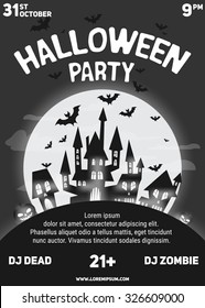 Halloween party black and white flyer template with castles, bats, pumpkins