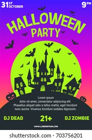 Halloween party black and white flyer template with castles, bats, pumpkins