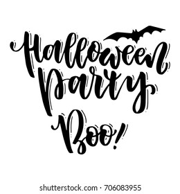 Halloween Party. Boo! Handwritten lettering for Halloween. The phrase in black on a white background. Use for postcard, card, page etc.