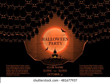 Halloween party booklet. Vector illustration. Template of poster with bats in the cave and terrible castle. Dark blue greeting card. Invitation in night club.