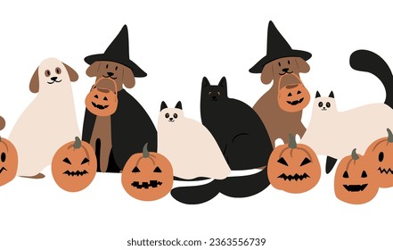 Halloween party border clipart, Kids and pets in costume vector illustration, Pumpkin face border clip art, Cute october festival seamless pattern, Flat style images, witch ghost skeleton cat dog.