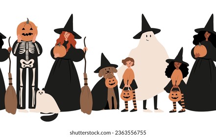 Halloween party border clipart, Kids and pets in costume vector illustration, Pumpkin face border clip art, Cute october festival seamless pattern, Flat style images, witch ghost skeleton cat dog.