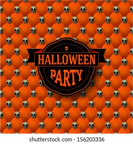 Halloween party button tufted background with skulls and vintage frame. Vector illustration. 