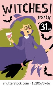 Halloween party card, banner, invitation, flyer, poster, landing page or blog post with a girl character in a witch costume