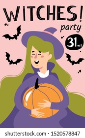 Halloween party card, banner, invitation, flyer, poster, landing page or blog post with a girl character in a witch costume