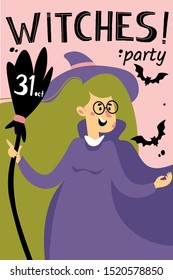 Halloween party card, banner, invitation, flyer, poster, landing page or blog post with a girl character in a witch costume
