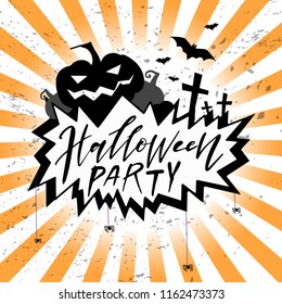 Halloween party card, banner, poster. With pumppkin, bats, grave, tombstone