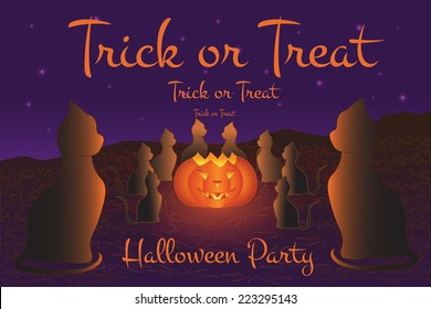 Halloween party card. Cats around the lantern. Trick or treat plan. Digital background vector poster.