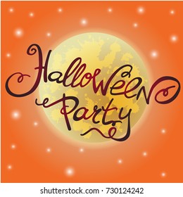 Halloween party card with full moon on orange background with place for text. Vector illustration. Perfect for invitations, greeting cards.