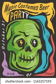 Halloween party card invitation design template with zombie skull and playful colorful design elements. Trendy poster for Halloween night. 