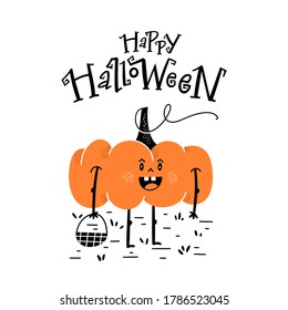 Halloween party card, invitation with hand drawn cute pumpkin and hand-lettered text. Vector illustration