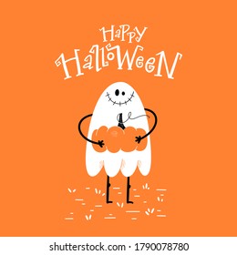 Halloween party card, invitation with hand drawn cute cartoon spooky ghost and hand-lettered text. Vector illustration