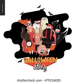 Halloween Party card and lettering  Vector cartoon illustrated group kids wearing Halloween costumes   french bulldog  scared by something 