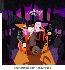 Halloween Party card with lettering. Vector cartoon illustrated group of kids going to halloween party, wearing Halloween costumes, standing in the court in front of opened door, old lady with scythe.