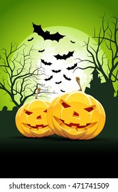 Halloween Party Card with Pumpkins, Bats and Haunted House