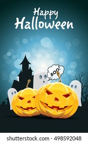 Halloween Party Card with Pumpkins, Bats and Haunted House