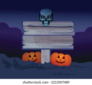 Halloween party card, pumpkins and skeleton in graveyard at night with wooden board.