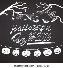 Halloween party card with pumpkins, spider webs, bats hanging garlands. Vector illustration.